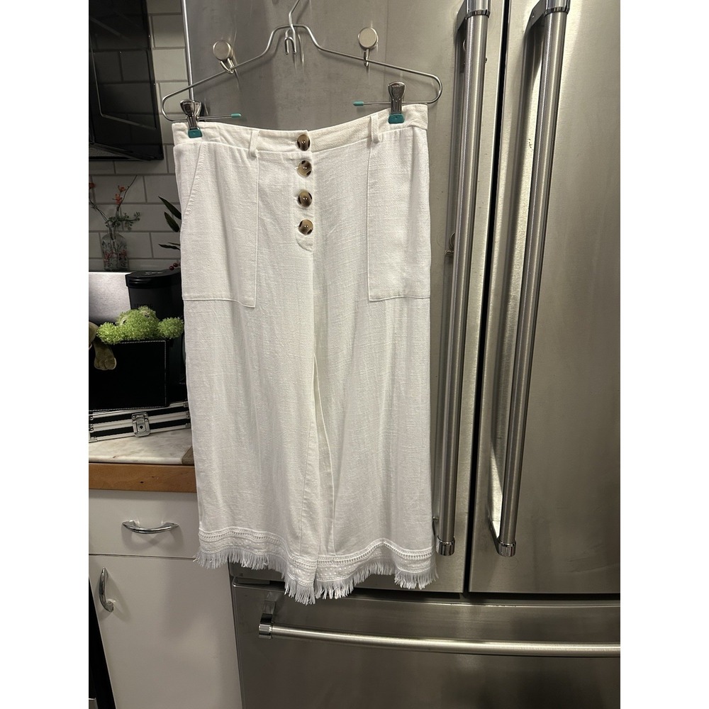 Goucho Linen Wide Leg Pants SzL Elastic Waist In Back Cream Colored - Picture 2 of 11